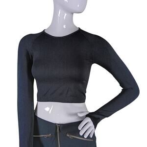 Workout Crop Top Seamless Shirt Size XS/S Black Thumbhole Long Sleeve Pullover